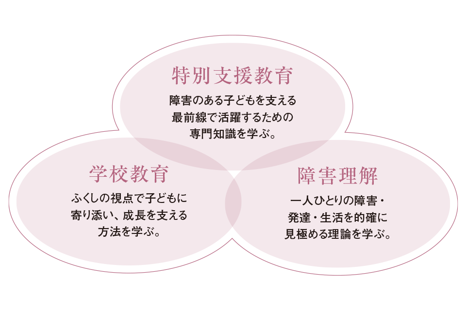 図：「特別支援教育」障害のある子どもを支える最前線で活躍するための専門知識を学びます。「学校教育」ふくしの視点で子どもに寄り添い、成長を支える方法を学びます。「障害理解」一人ひとりの障害・発達・生活を的確に見極める理論を学びます。