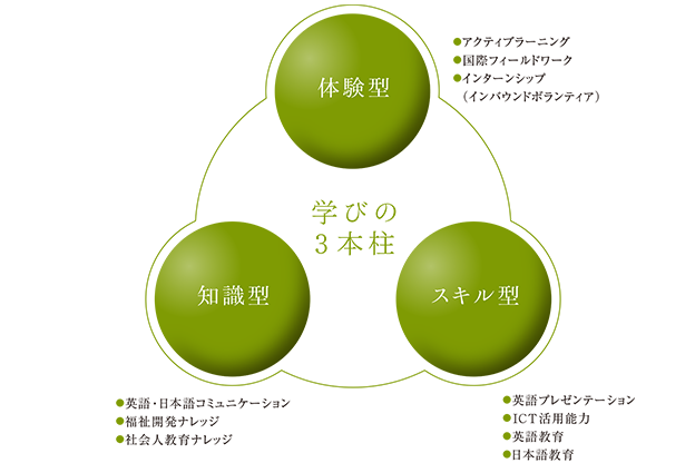 図：国際福祉開発学部の学びの3本柱（体験型・知識型・スキル型）