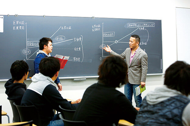 写真：黒板の前で発表中の学生