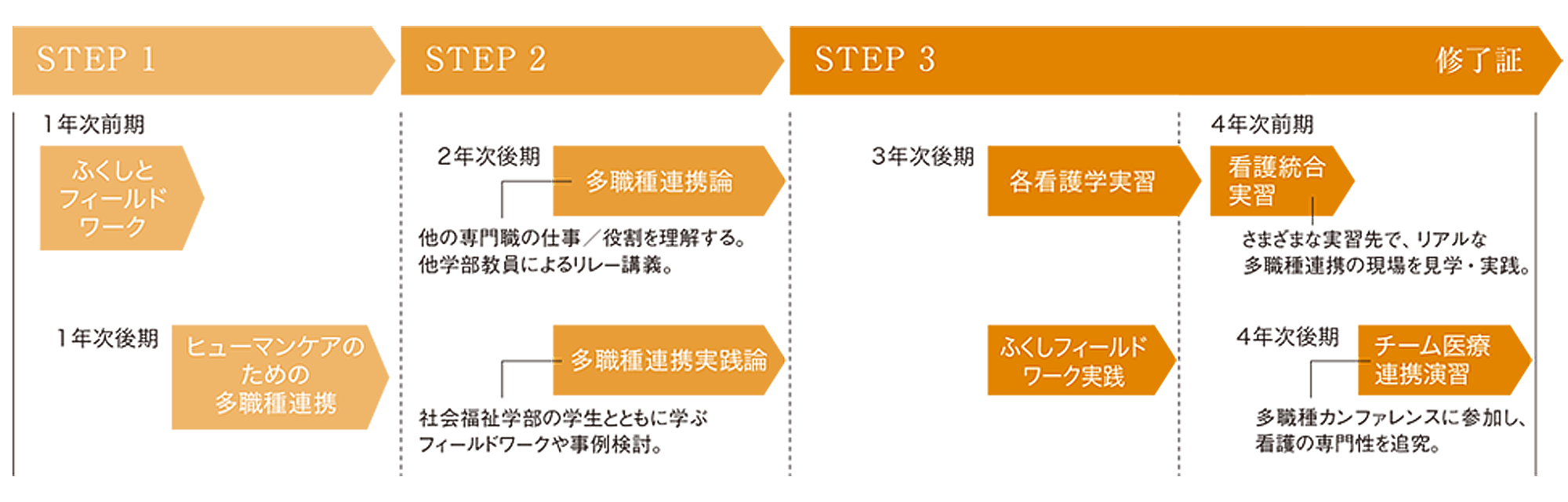 1年次前期はふくしとフィールドワークを学び、後期からヒューマンケアのための多職種連携が始まります。2年次後期からは多職種連携論と多職種連携実践論を学びます。 3年次後期からは各看護実習、ふくしフィールドワーク実践が始まります。4年次からは看護統合実習が始まり、後期からチーム医療連携演習が始まります。