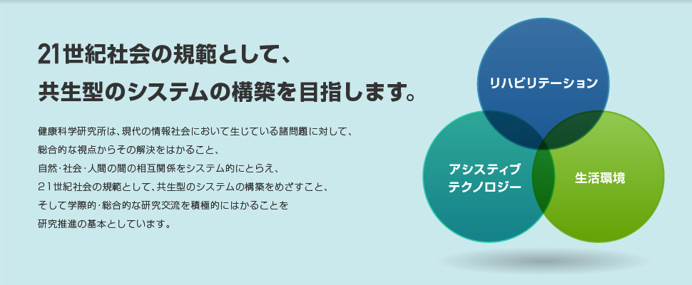 健康科学研究所は、現代の情報社会において生じている諸問題に対して、総合的な視点からその解決をはかること、自然・社会・人間の間の相互関係をシステム的にとらえ、21世紀社会の規範として、共生型のシステムの構築をめざすこと、そして学際的・総合的な研究交流を積極的にはかることを研究推進の基本としています。